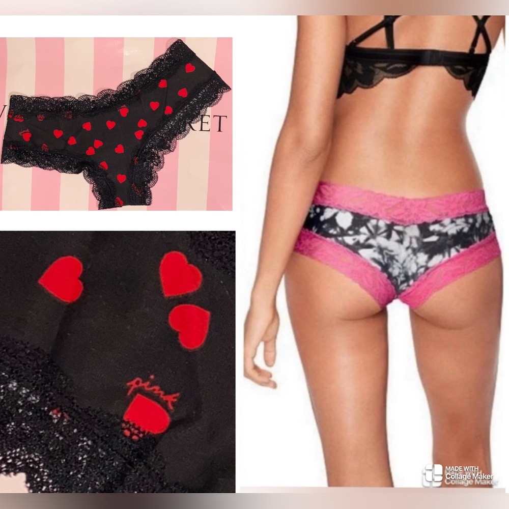 PINK Victoria’s Secret Cotton lace Cheekster PINK black lace pink panties hearts